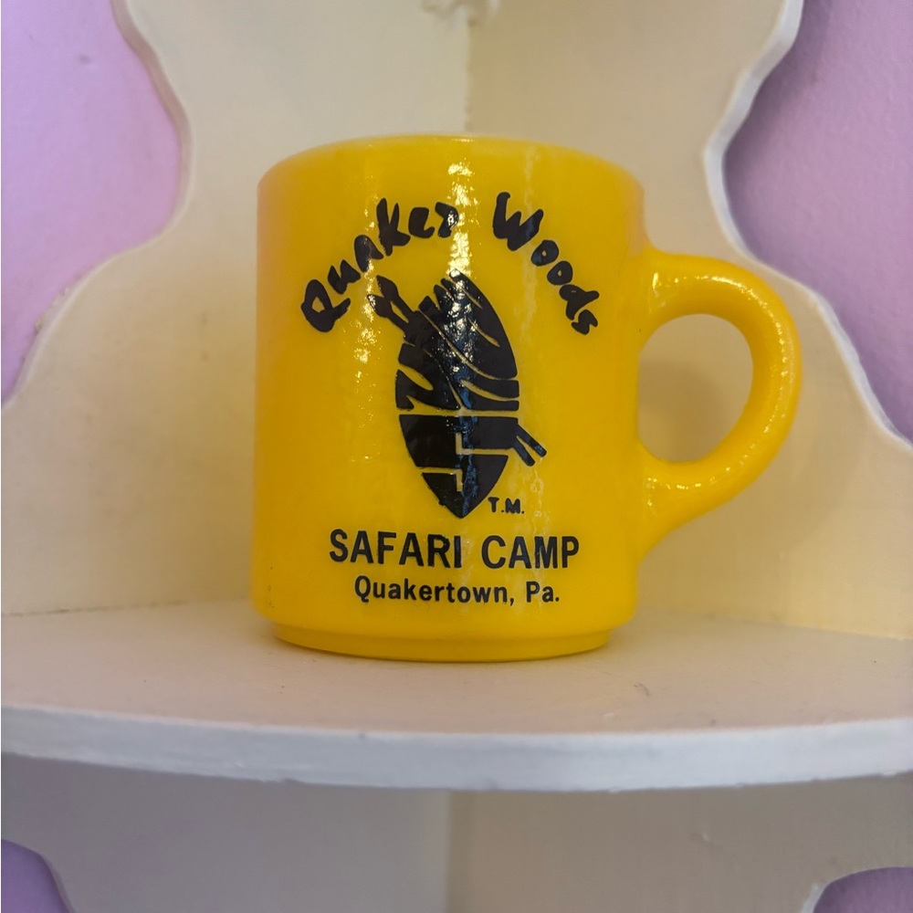 Vintage Yellow Fire King Quaker Woods Safari Camp Souvenir Mug